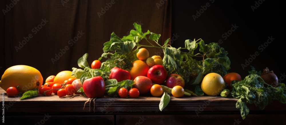 Fototapete Assorted fresh fruits and vegetables arranged on a tabletop in a dimly lit studio in Los Angeles. with copy space image. Place for adding text or design