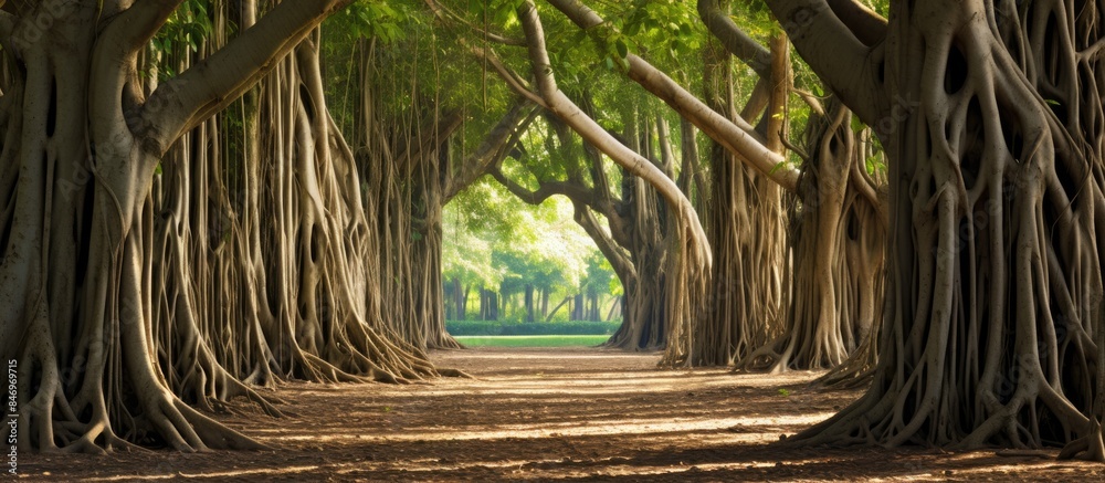 Poster Lush trees line a pathway at a serene park, creating a tranquil atmosphere for leisurely strolls. with copy space image. Place for adding text or design