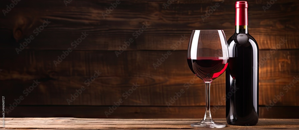 Fototapete glass containing red wine next to a bottle of red wine placed on a rustic wooden table. with copy sp