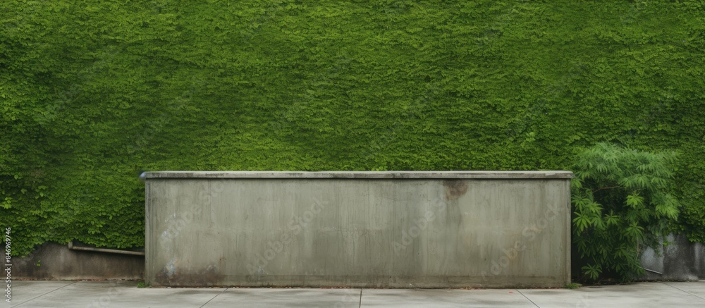 Poster Green plant thrives on a solid concrete barrier, adding a touch of nature to the urban setting. with copy space image. Place for adding text or design