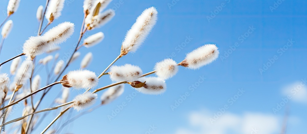 Poster plant with white flowers contrasted against the backdrop of a clear blue sky. with copy space image.