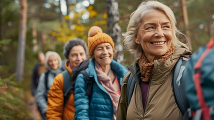 Fototapeta premium group of old woman hiking in the forest