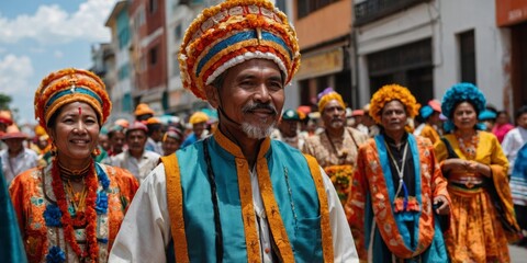 Fototapeta premium A mature man wearing a vibrant traditional costume with a turban participates in a cultural festival, with a group of people in background