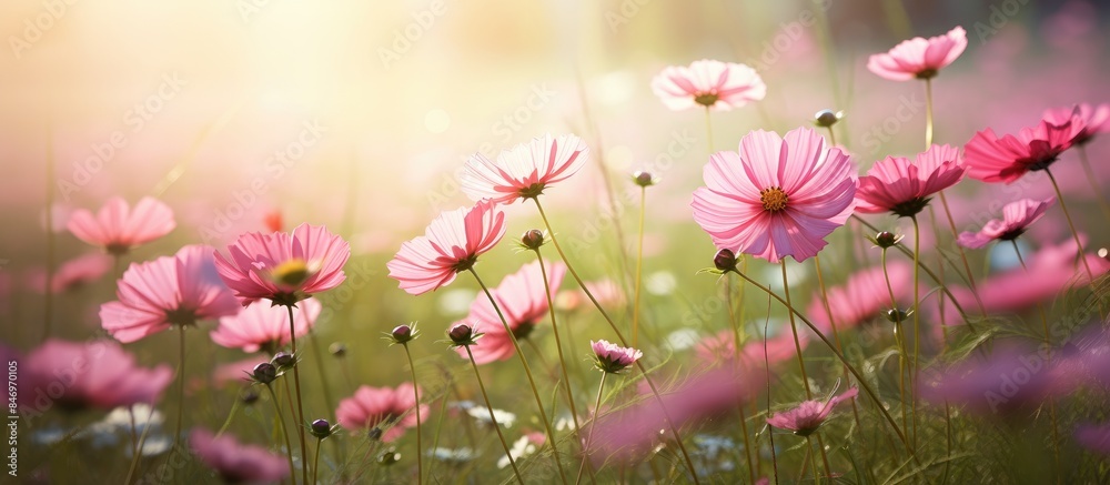 Poster pink cosmos blooms in grass, turning towards the sun, with more pink cosmos flowers in the backdrop.