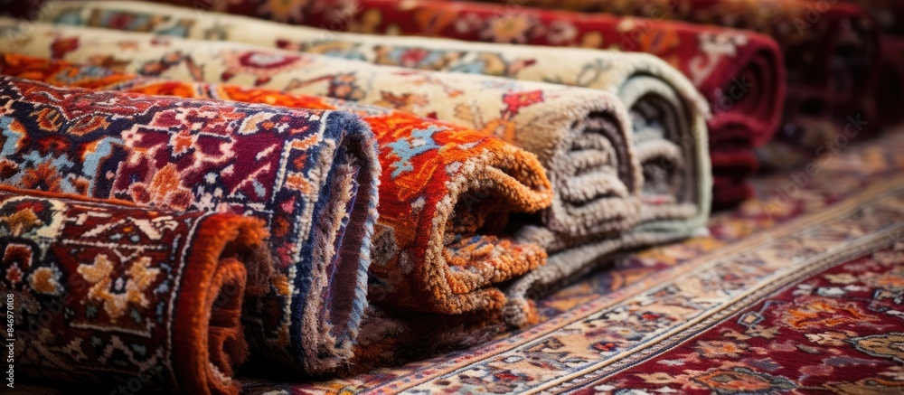 Aufkleber Assorted colored rugs neatly aligned on a larger carpet for an attractive display. with copy space image. Place for adding text or design