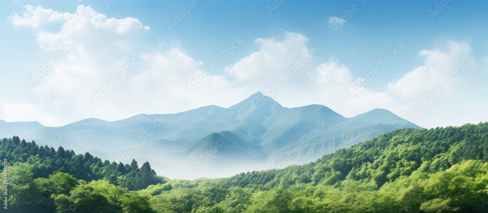 Fototapete View of lush green mountains dotted with trees under a serene blue sky. with copy space image. Place for adding text or design
