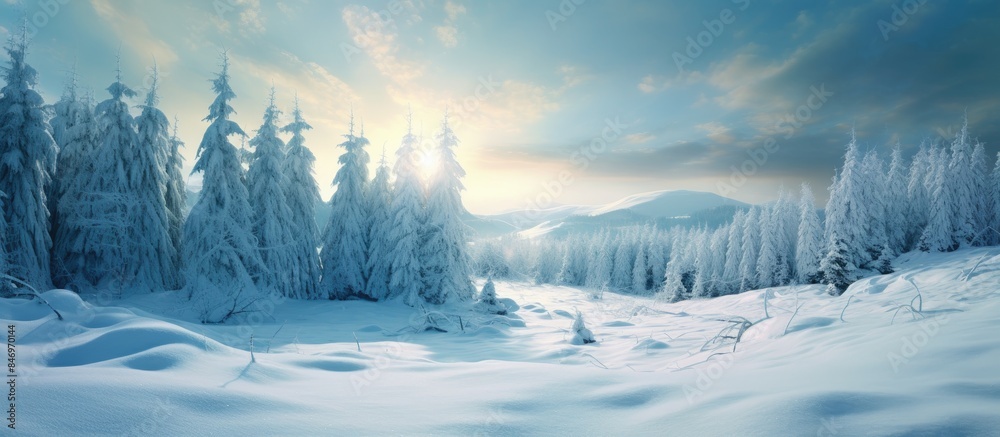 Poster snow-covered winter forest with sun shining above, creating a picturesque scene of nature. with copy