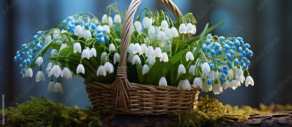Leinwandbilder blue snowdrop flowers arranged in a basket placed on a bed of moss, symbolizing spring and freshness