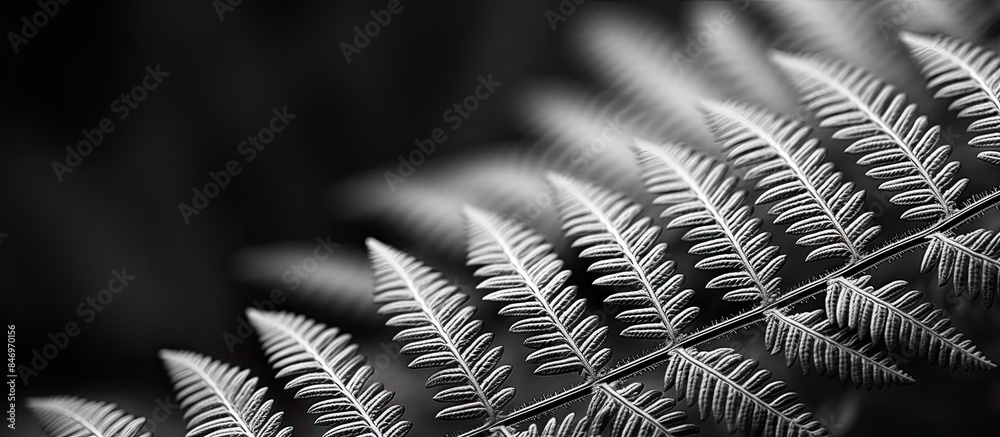 Aufkleber Detailed image of a fern leaf in closeup on a black background, showcasing the intricate patterns and textures of nature. with copy space image. Place for adding text or design