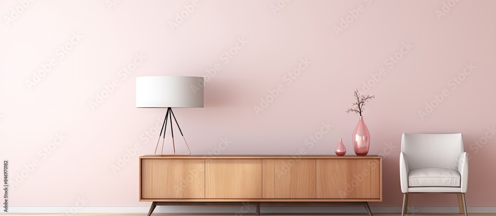 Aufkleber pink wall features a wooden cabinet and a white chair in a modern room with a retro pink ceiling lam