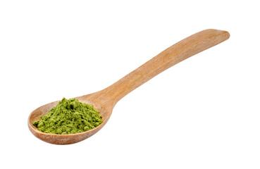 matcha green tea powder in wood spoon on transparent png