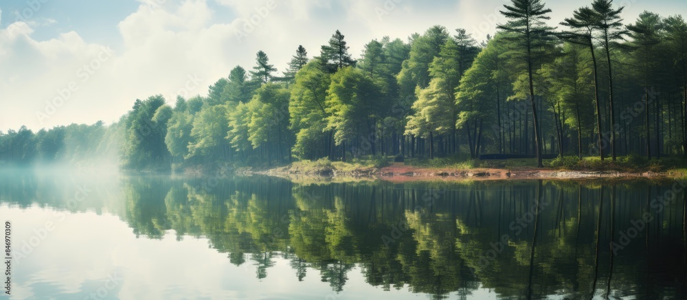 Fototapete Capturing serene reflections of lush forest in the calm waters of the lake along with a peacefully floating boat. with copy space image. Place for adding text or design