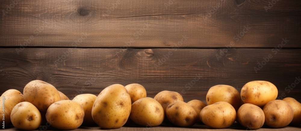 Poster Group of potatoes displayed on a wooden table with a rustic brown background in a vintage food still life composition. with copy space image. Place for adding text or design