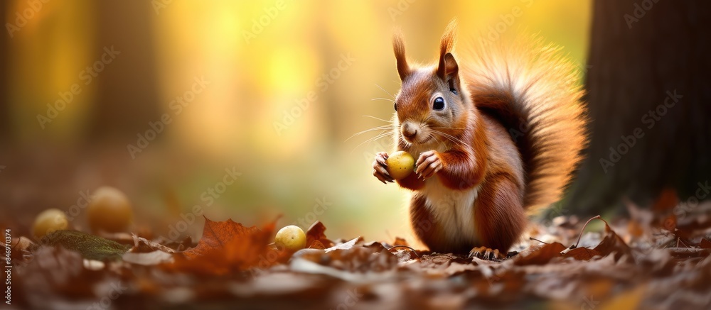Poster A cute squirrel close-up feeding on an apple surrounded by trees in the forest. with copy space image. Place for adding text or design