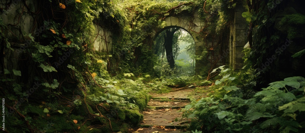 Poster a serene forest path is adorned by a picturesque stone arch, creating a tranquil ambiance amidst nat