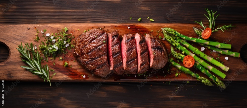 Leinwandbilder steak, asparagus, and tomatoes served on a cutting board, perfect for a rustic barbecue setting. wit