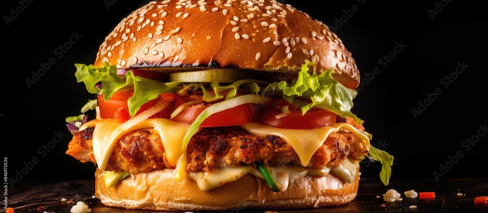 Poster close-up of a substantial hamburger filled with beef, cheese, lettuce, and tomato, showcasing its de