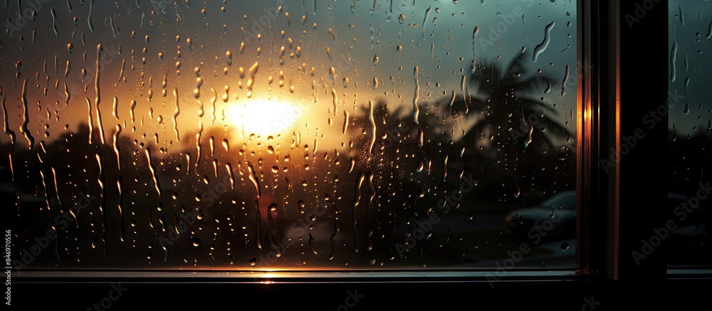 Aufkleber view of a sunset through a rain-streaked window, capturing the serene beauty of nature's elements me
