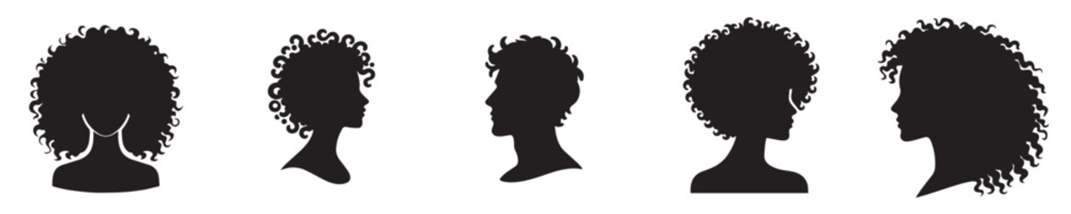 vector set collection of people with curly hair silhouette style