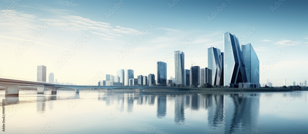 Aufkleber Urban skyline with a modern bridge over a river showcasing contemporary architecture. with copy space image. Place for adding text or design