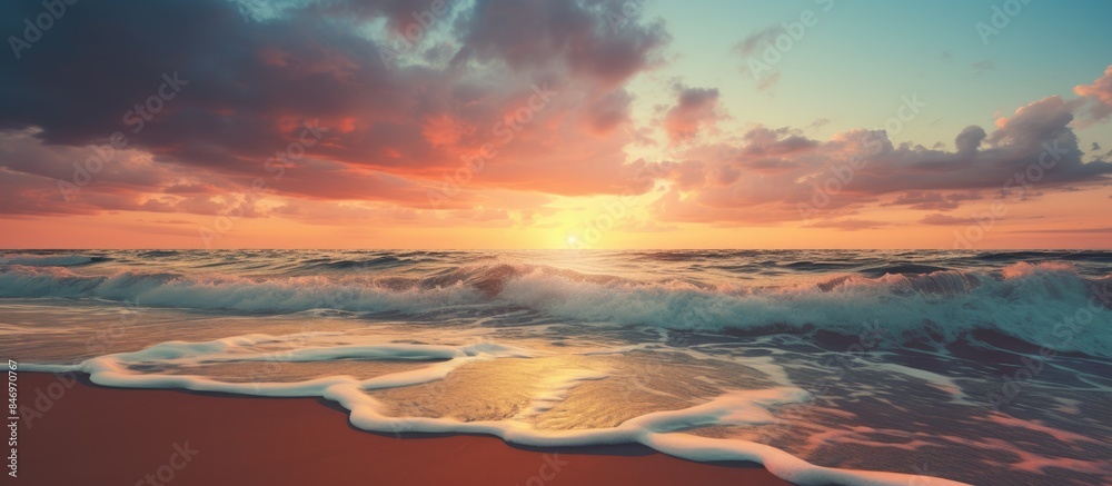 Aufkleber Sunset view at the beach as the sun rises over the ocean with gentle waves. with copy space image. Place for adding text or design