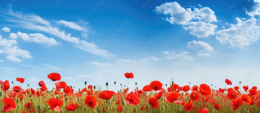 Leinwandbilder vivid red poppies bloom in abundance across a stretch of land under a serene, cloud-speckled blue sk