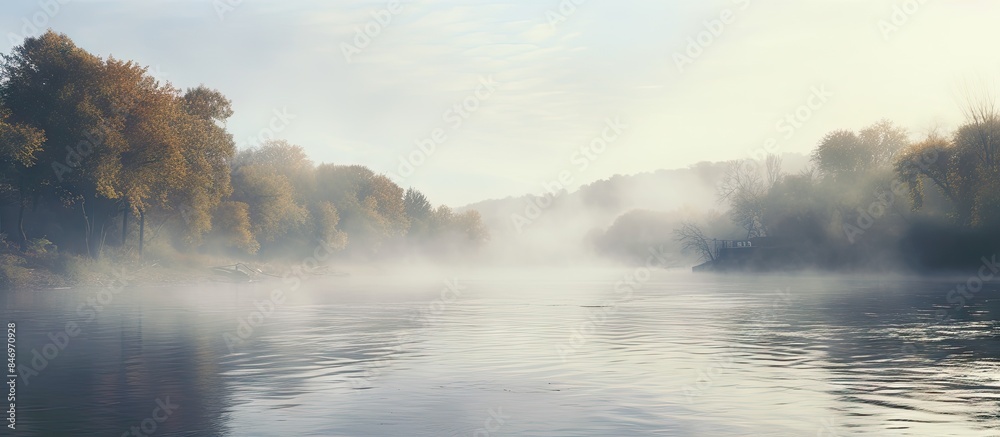 Aufkleber Scenic view of a boat on a foggy river surrounded by trees in the calm, misty air. with copy space image. Place for adding text or design