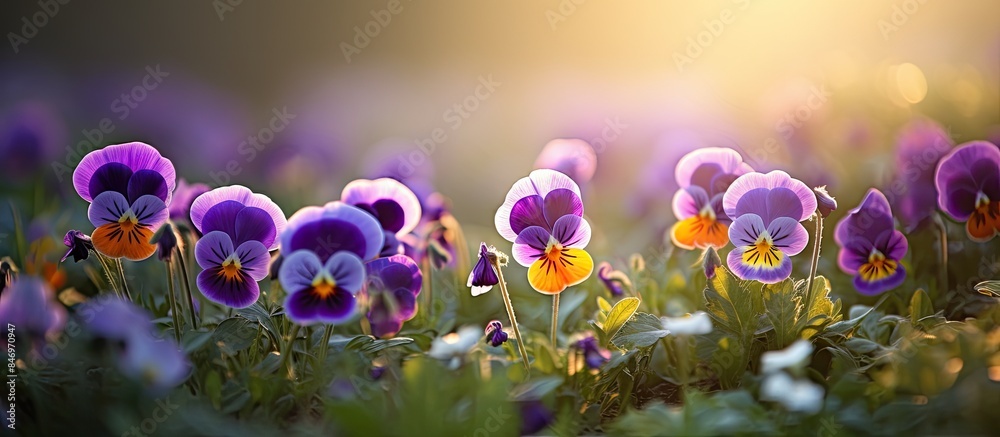 Poster yellow and purple wildflowers blossom in a field as the sun shines down warmly on them, creating a v
