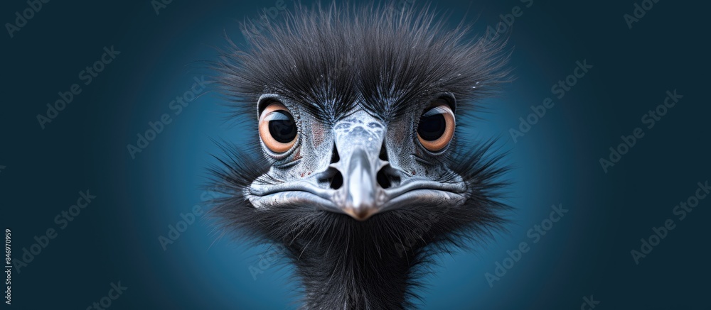 Poster Close-up image of a bird featuring unusually large head and eyes, capturing intricate details in a portrait shot. with copy space image. Place for adding text or design
