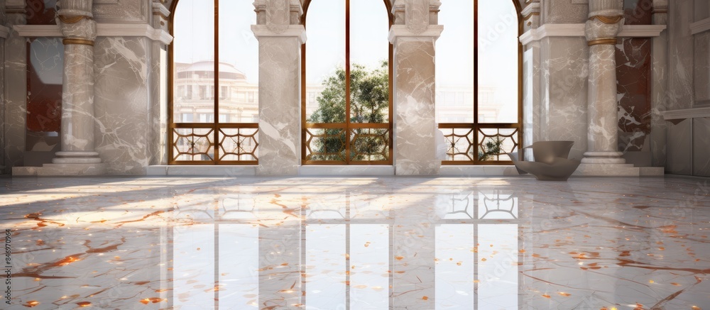 Poster spacious room featuring a marble floor and a sizable window, exuding elegance and natural light. wit
