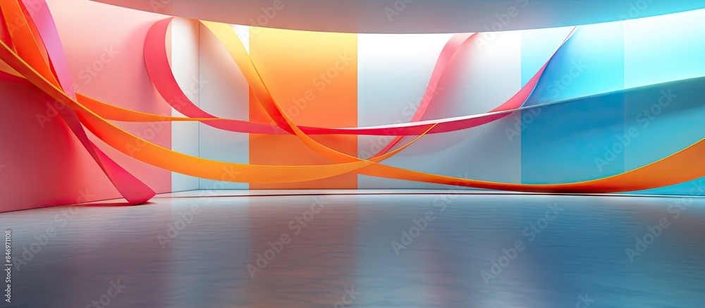 Aufkleber Vivid ribbons dangle from ceiling in well-lit space with distinct color contrast between ceiling and floor. with copy space image. Place for adding text or design