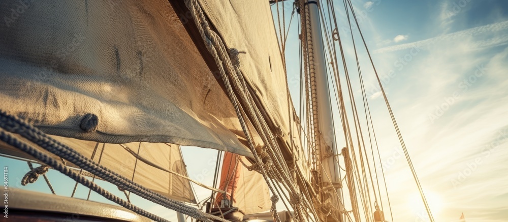 Aufkleber Sailing vessel displaying its rigging including ropes and canvas sails on the water. with copy space image. Place for adding text or design