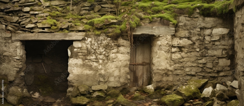 Aufkleber entrance to an old stone building overgrown with moss, showcasing the beauty of nature reclaiming th