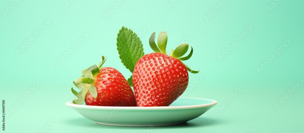 Poster Two vibrant strawberries placed in a white bowl set against a refreshing green backdrop. with copy space image. Place for adding text or design