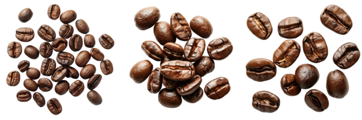 set of coffee beans scattered isolated transparent background