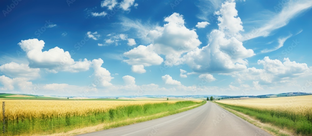 Aufkleber Scenic view of a road meandering through vast wheat fields with a backdrop of a serene blue sky. with copy space image. Place for adding text or design
