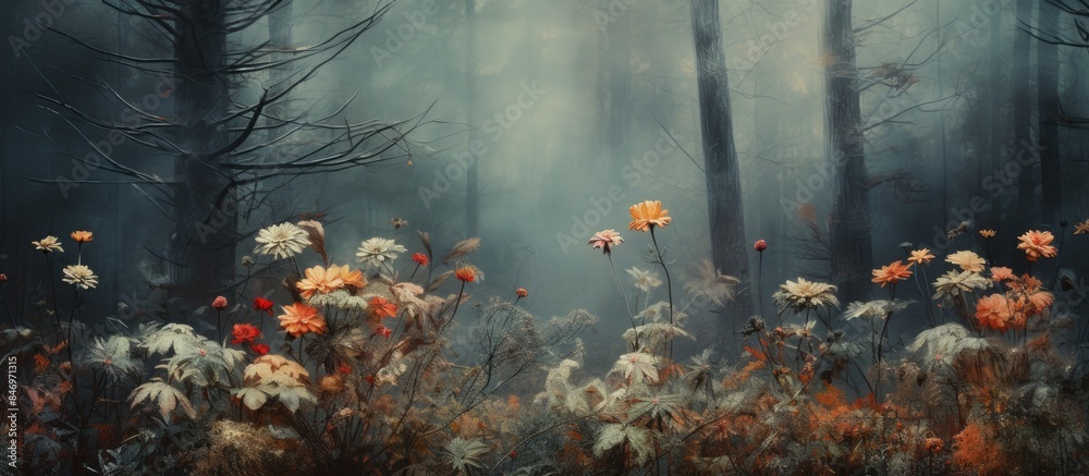 Poster Blooming flowers in the forest during late autumn, set against a foggy sky. with copy space image. Place for adding text or design