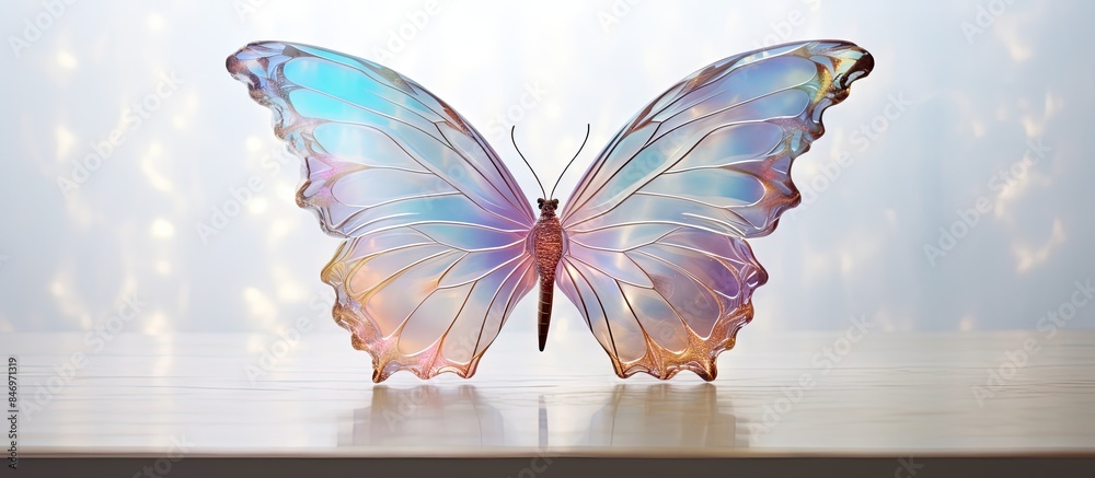 Poster A delicate butterfly with mother of pearl wings perched gracefully on a table. with copy space image. Place for adding text or design
