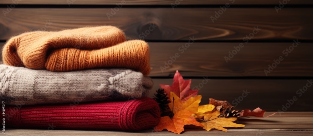 Fototapete Close-up view of a stack of sweaters laid out on a table made of wood, creating a cozy and warm vibe. with copy space image. Place for adding text or design