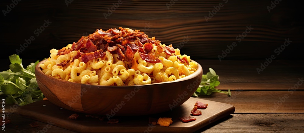 Aufkleber Macaroni and cheese topped with crispy bacon, a delicious and savory meal. with copy space image. Place for adding text or design