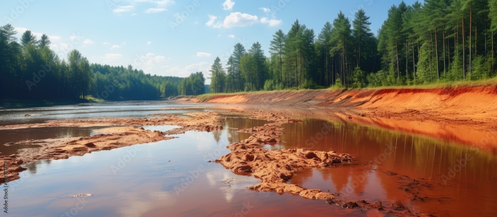 Leinwandbilder River with muddy shores surrounded by tall trees and vegetation in the background. with copy space image. Place for adding text or design