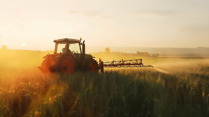 Fototapeta premium Sunrise Farming Tractor Spraying Wheat Field Golden Hour