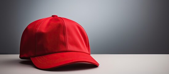 Close-up shot of a vibrant red baseball cap placed on a table surface. with copy space image. Place for adding text or design
