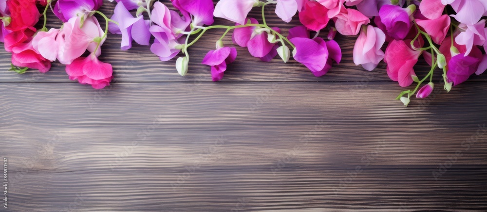 Aufkleber close up of a bunch of vibrant pink and purple flowers beautifully arranged on a textured wooden sur