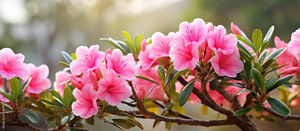 Poster numerous beautiful pink flowers blooming on a tree branch creating a vibrant display of nature's col