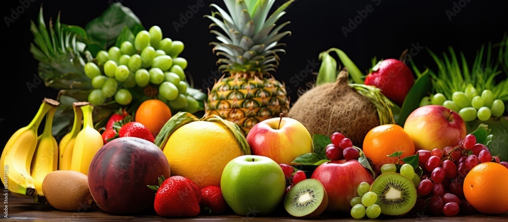 Poster An assortment of different fresh fruits and vegetables displayed on a table, showcasing a colorful and healthy selection. with copy space image. Place for adding text or design