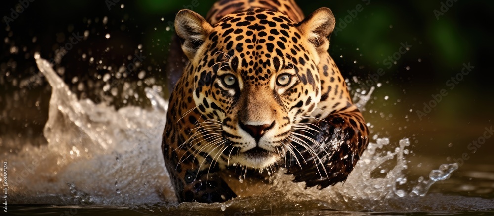 Poster A jaguar, Panthera onca, getting ready to jump into the water as a giraffe runs through the water with force. with copy space image. Place for adding text or design