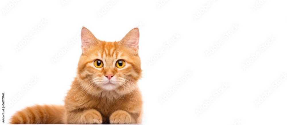 Poster A cat with a ginger fur coat sits on a table and looks directly at the camera. with copy space image. Place for adding text or design