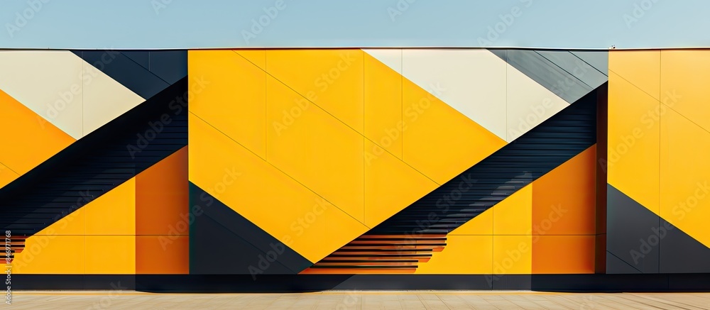 Poster Architectural masterpiece showcasing symmetrical design with vibrant yellow and black color scheme. with copy space image. Place for adding text or design