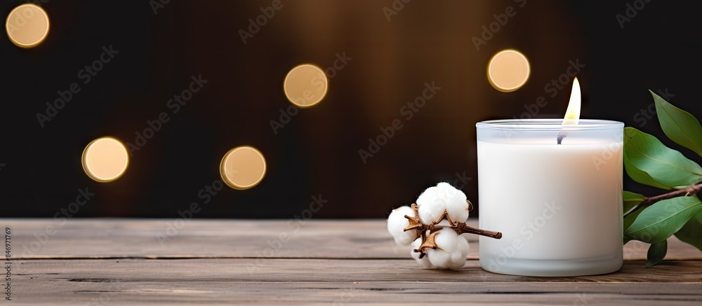 Fototapete candle adorned with delicate cotton flowers placed on a rustic wooden table. with copy space image. 
